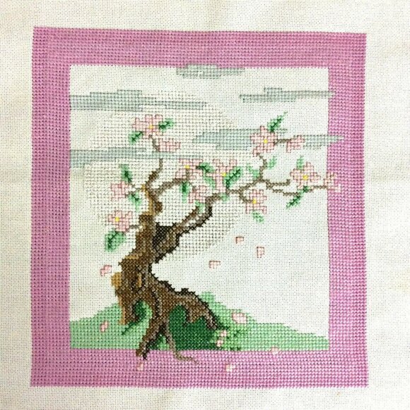Asian Cherry Blossom Tree Finished Counted Cross Stitch On Canvas - Picture 2 of 5